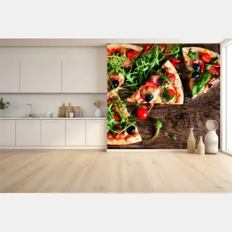 Fotomural póster de pizza rústica con pepperoni y rúcula – Pixers®
