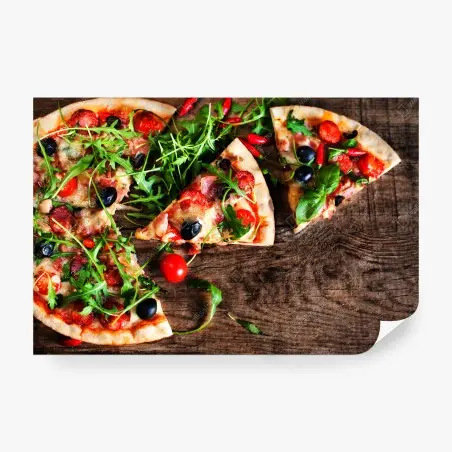 Fotomural póster de pizza rústica con pepperoni y rúcula – Pixers®