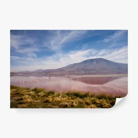 Fotomural laguna rosa con flamencos y reflejo de montaña – Pixers®