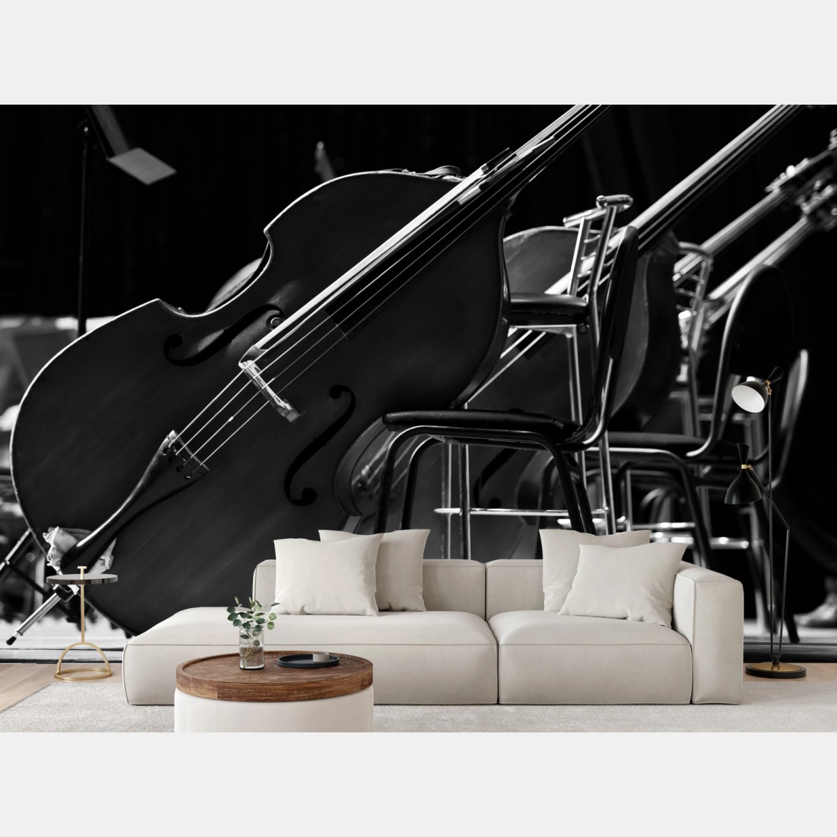Fotomural contrabajos en blanco y negro en sala de ensayo – Pixers®