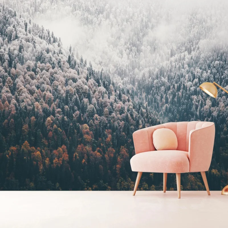 Fotomural bosque otoñal entre niebla y nieve