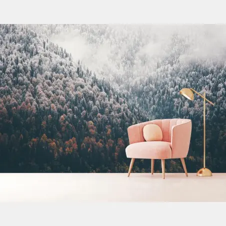 Fotomural bosque otoñal entre niebla y nieve – Pixers®