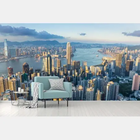 Fotomural atardecer sobre Hong Kong: horizonte urbano dorado – Pixers®