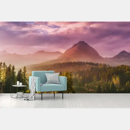 Fotomural atardecer en Štrbské Pleso: lago y montañas en tonos rosados – Pixers®