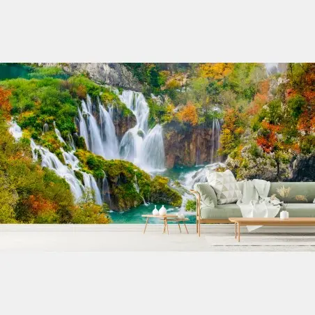 Fotomural cascada otoñal sobre aguas turquesa – Pixers®