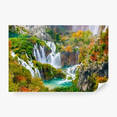 Fotomural cascada otoñal sobre aguas turquesa – Pixers®