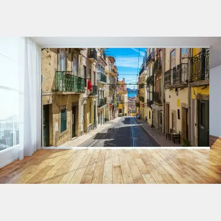 Fotomural calle empedrada de Lisboa bajo el sol – Pixers®