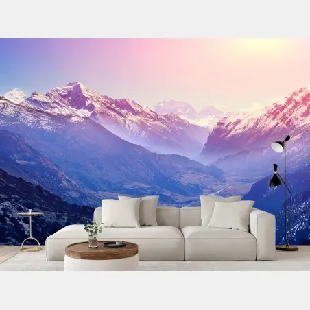 Fotomural amanecer rosa en el valle montañoso – Pixers®