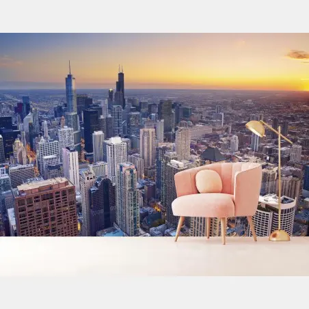 Fotomural horizonte urbano de Chicago al atardecer – Pixers®