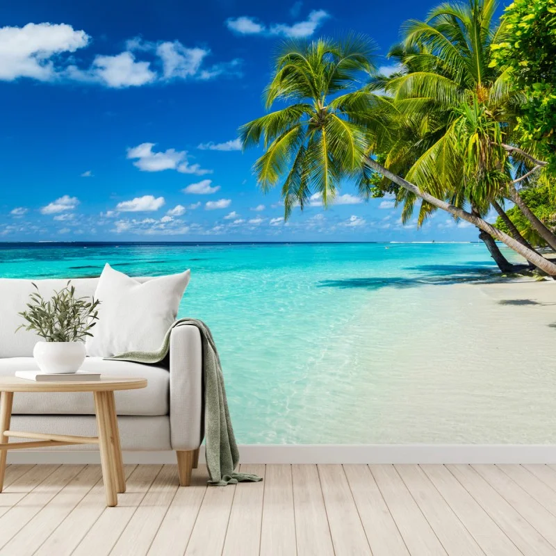 Fotomural escena de playa tropical con palmeras
