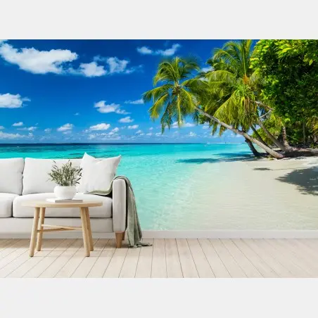 Fotomural escena de playa tropical con palmeras – Pixers®