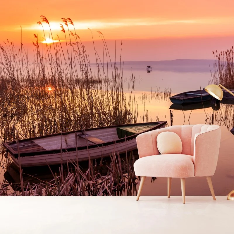 Fotomural amanecer en la laguna con barcas