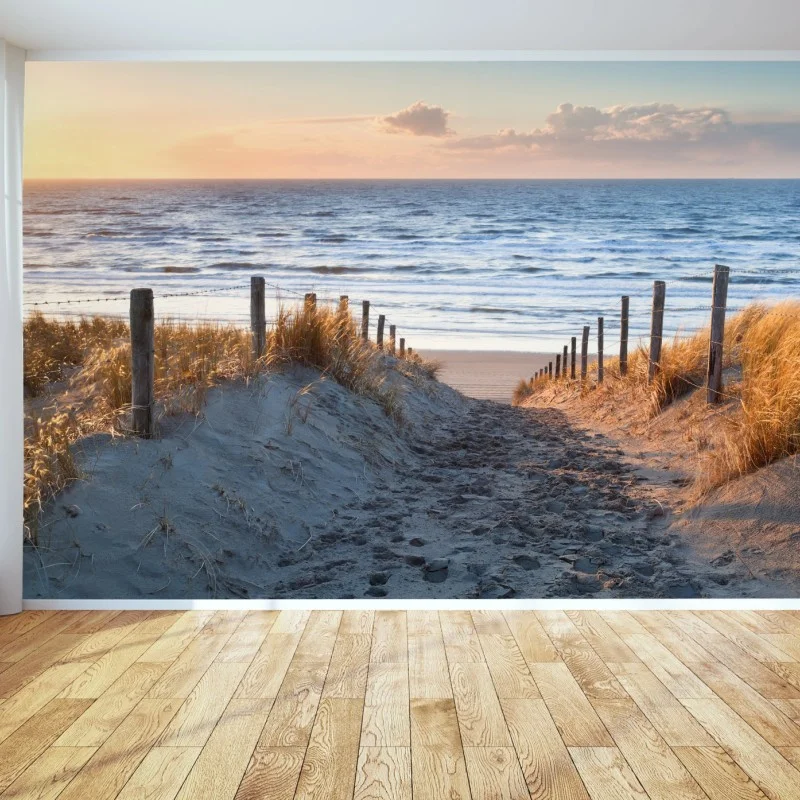 Fotomural pasarela de dunas hacia el mar al atardecer