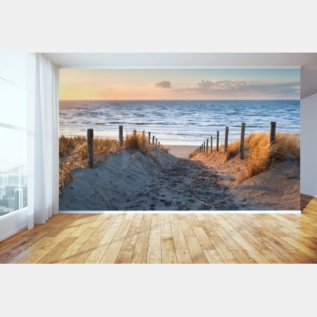 Fotomural pasarela de dunas hacia el mar al atardecer – Pixers®