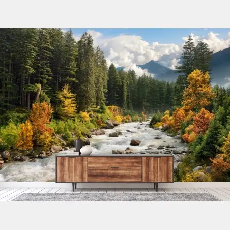 Fotomural paisaje otoñal de montaña a orillas del río – Pixers®