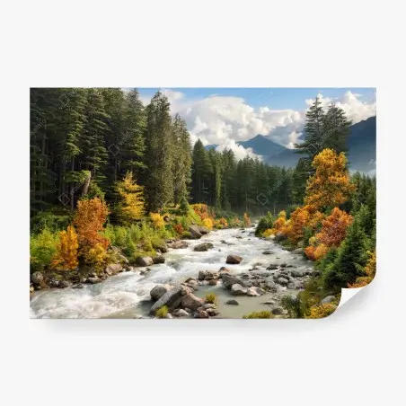 Fotomural paisaje otoñal de montaña a orillas del río – Pixers®