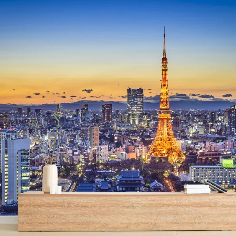Fotomural atardecer en Tokio con la torre iluminada