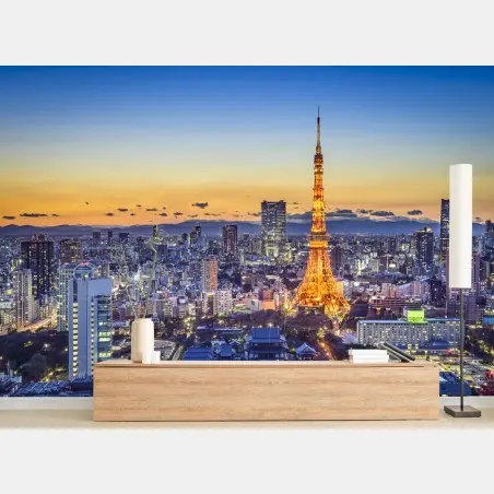 Fotomural atardecer en Tokio con la torre iluminada – Pixers®