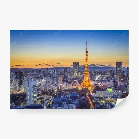 Fotomural atardecer en Tokio con la torre iluminada – Pixers®