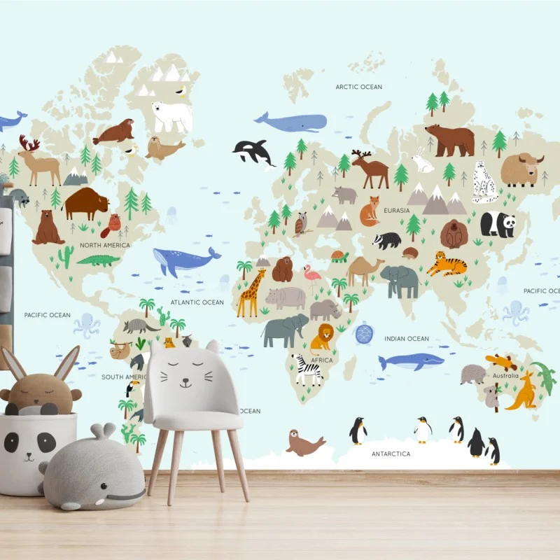 Fotomural mapa ilustrado de la fauna mundial
