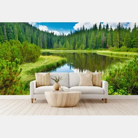 Fotomural serenidad en el lago entre pinos – Pixers®