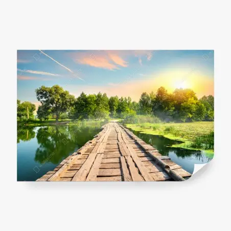 Fotomural puente rústico sobre lago al atardecer – Pixers®