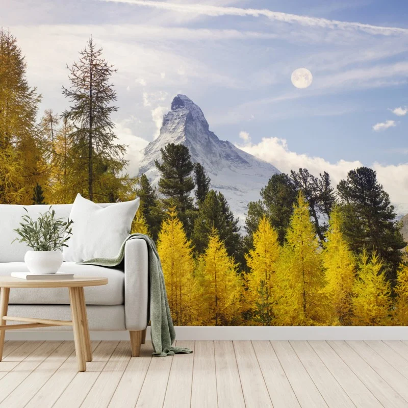 Fotomural bosque dorado frente al Matterhorn