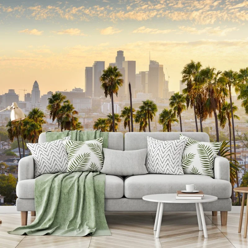 Fotomural amanecer sobre Los Ángeles con palmeras