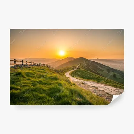 Fotomural sendero dorado entre colinas al amanecer – Pixers®