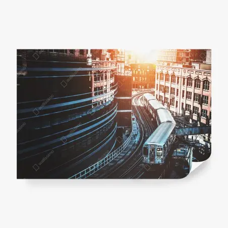 Fotomural atardecer urbano: tren elevado en el Loop de Chicago – Pixers®