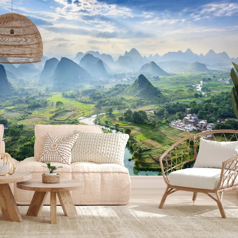 Fotomural paisaje kárstico y río serpenteante en Guilin