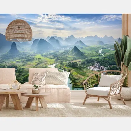 Fotomural paisaje kárstico y río serpenteante en Guilin – Pixers®