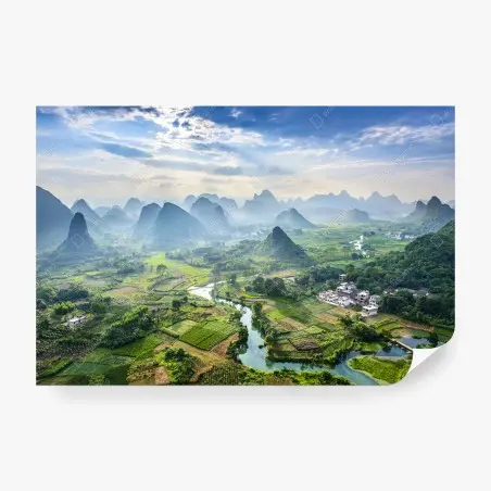 Fotomural paisaje kárstico y río serpenteante en Guilin – Pixers®