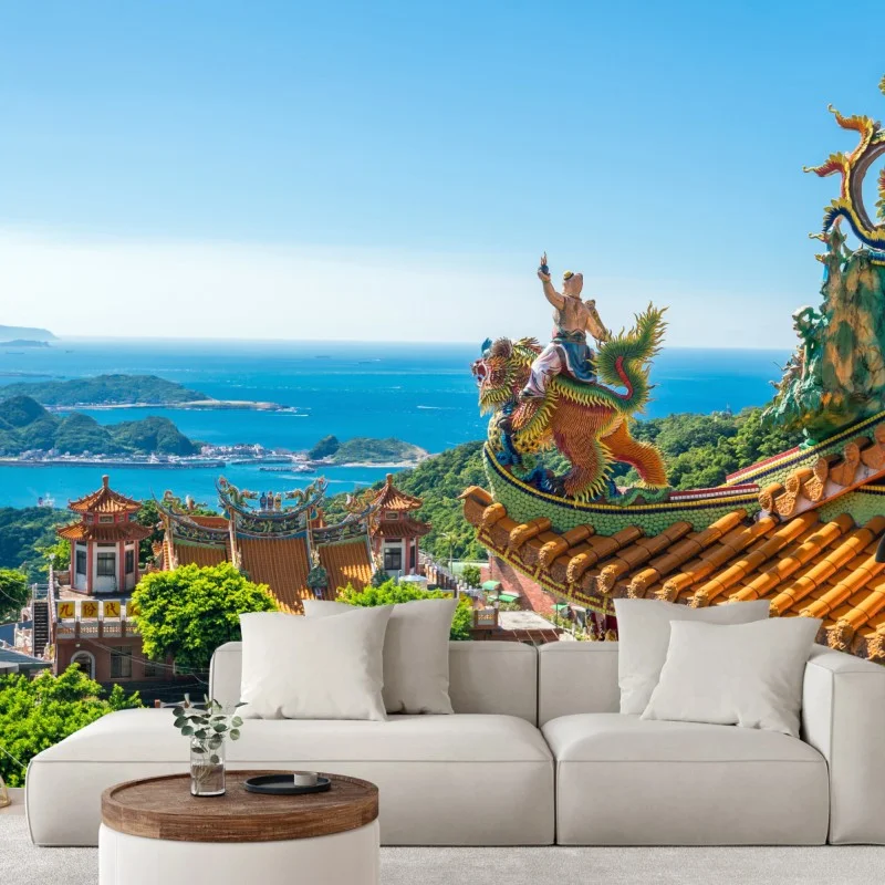 Fotomural templo con vistas al mar en Jiufen, Taipei, Taiwan