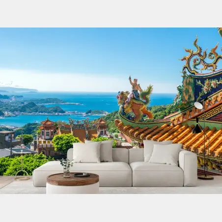 Fotomural templo con vistas al mar en Jiufen, Taipei, Taiwan – Pixers®