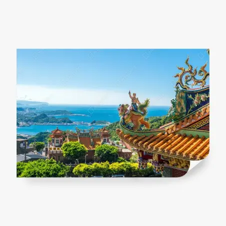 Fotomural templo con vistas al mar en Jiufen, Taipei, Taiwan – Pixers®