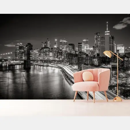 Fotomural vista nocturna de Nueva York en blanco y negro – Pixers®