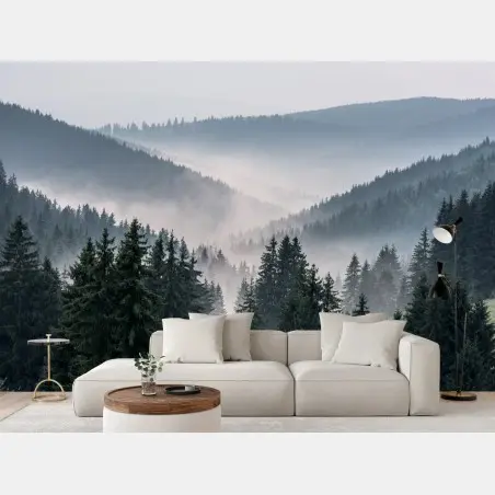 Fotomural valle brumoso de pinos en capas – Pixers®