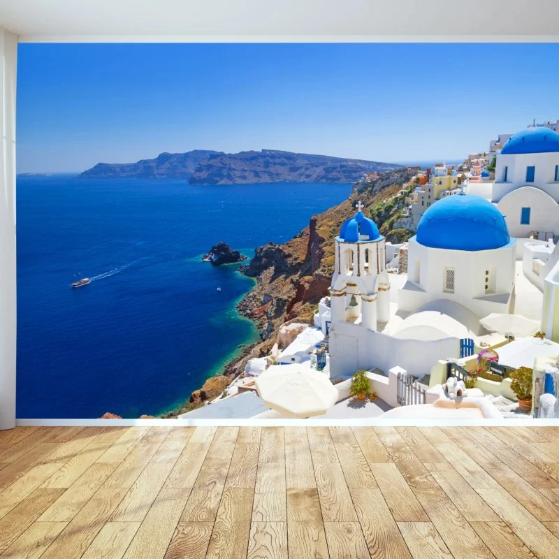 Fotomural escena mediterránea de Santorini con cúpulas azules