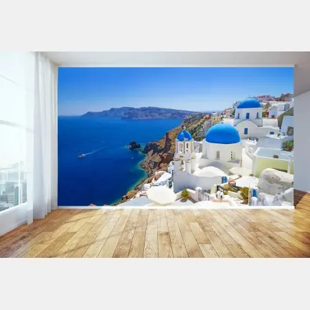 Fotomural escena mediterránea de Santorini con cúpulas azules – Pixers®