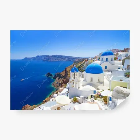 Fotomural escena mediterránea de Santorini con cúpulas azules – Pixers®