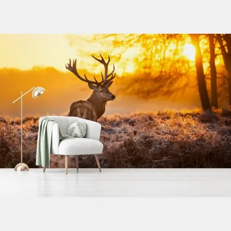 Fotomural ciervo al amanecer en paisaje helado – Pixers®
