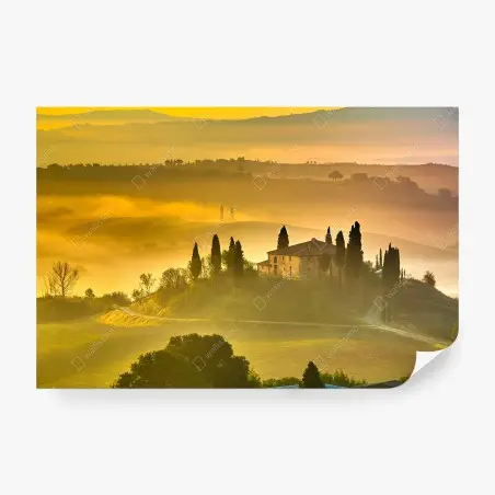 Fotomural colina dorada con casa y cipreses al amanecer – Pixers®