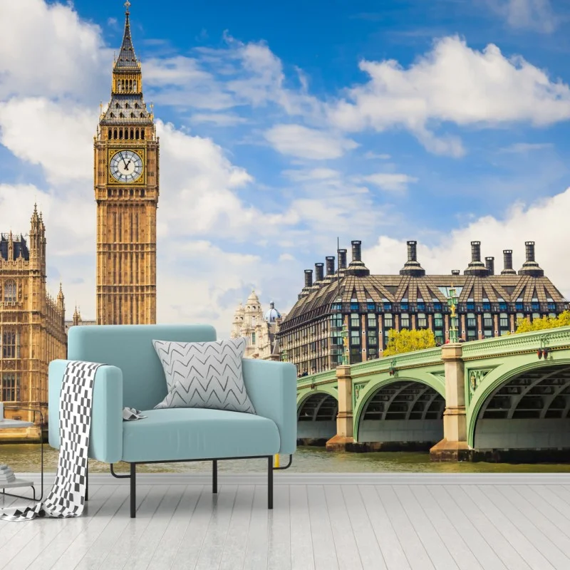 Fotomural panorama urbano de Londres con Big Ben y puente de Westminster