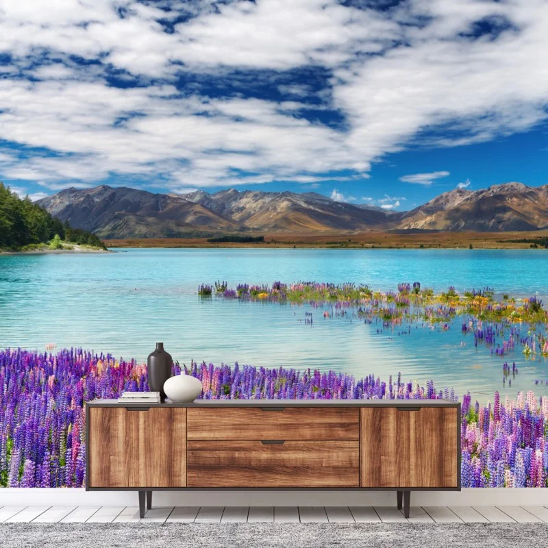 Fotomural lupinos y lago turquesa en Lake Tekapo