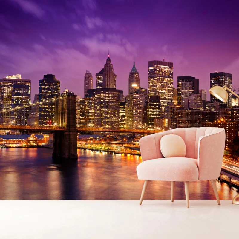 Fotomural panorámica nocturna de Nueva York con puente iluminado