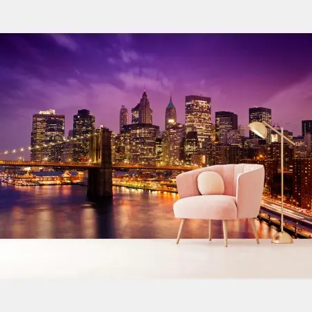 Fotomural panorámica nocturna de Nueva York con puente iluminado – Pixers®