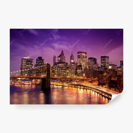 Fotomural panorámica nocturna de Nueva York con puente iluminado – Pixers®