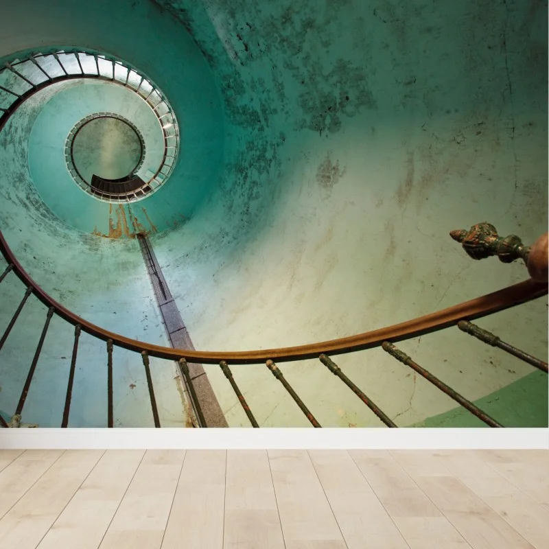 Fotomural escalera en espiral en tonos verde agua