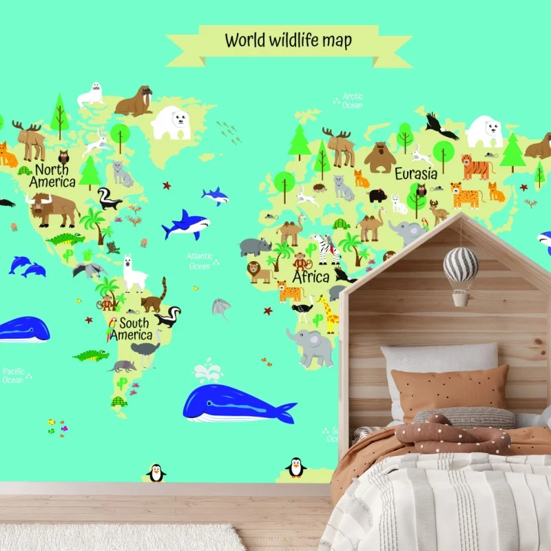 Fotomural mapa mundial de fauna en estilo ilustrado